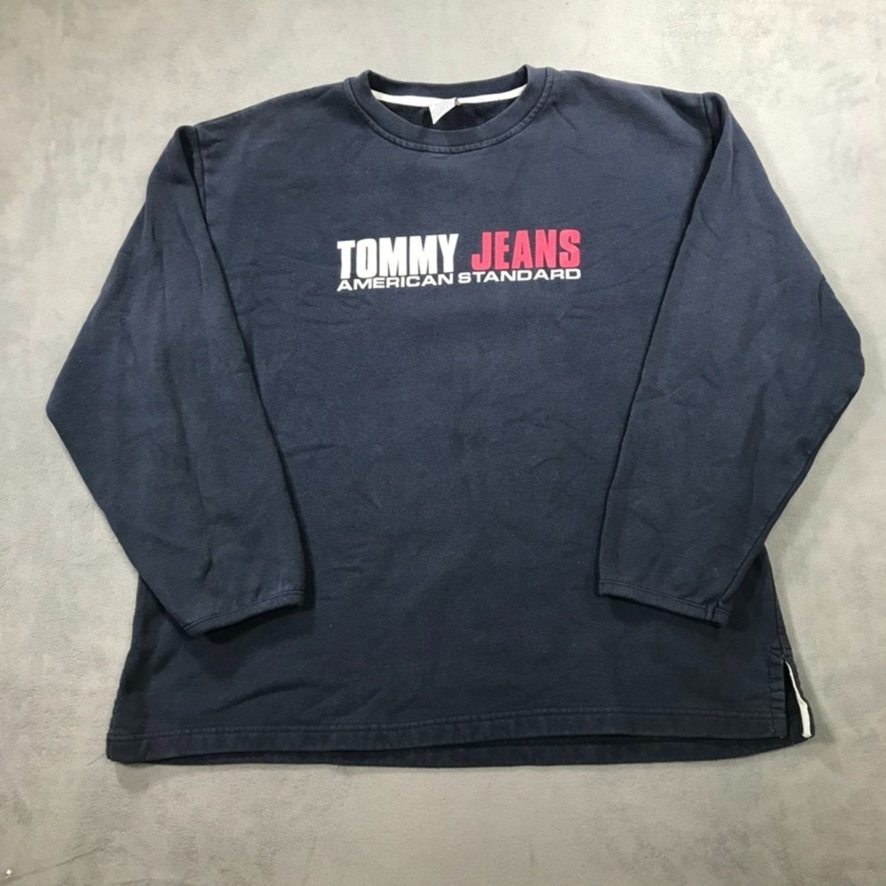 Vintage Tommy Hilfiger Sweater Men's Extra Large Blue Y2K Pullover Logo Graphic